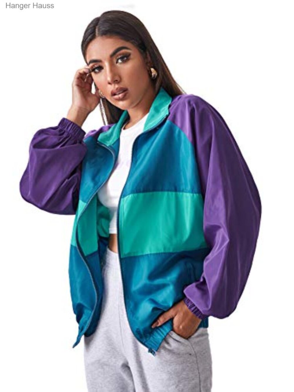 Women's Windbreaker Patchwork Zip Sport Jacket Loose Polyester